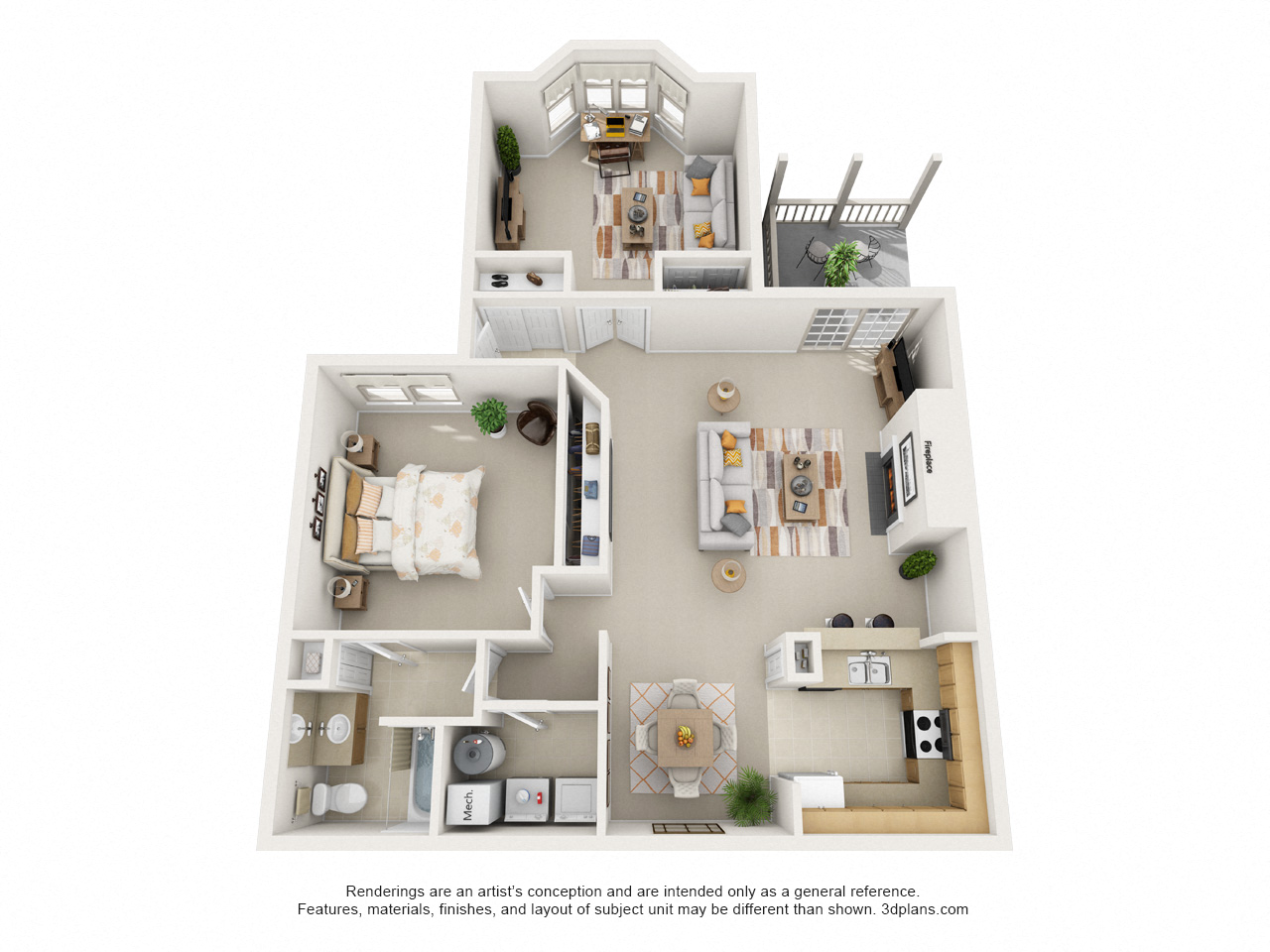 Floor plan for 1 bed, 1 bath, 1180 sqft